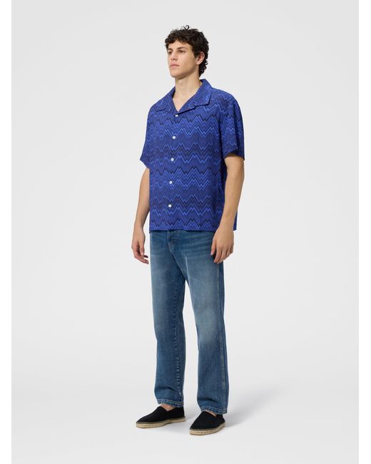 Missoni Blue Bowling Shirt With Tone-On-Tone Irregular Zig Zag Print for men