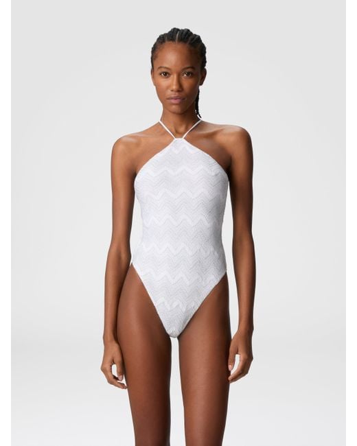 Missoni White Zig Zag Lamé Viscose One-Piece Swimsuit With Halter Neck