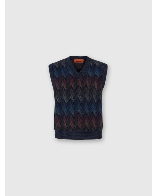 Missoni Blue Gradient Cotton Chevron Blend Vest With V-Neck for men