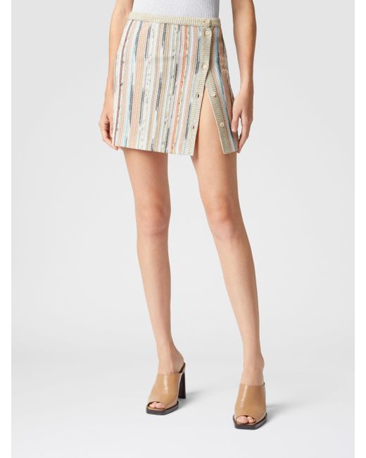Missoni White Striped Lamé Slub Viscose Miniskirt With Side Buttoning