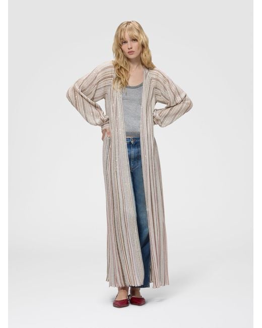 Missoni Natural Long Ribbed Cardigan With Belt And Sequins