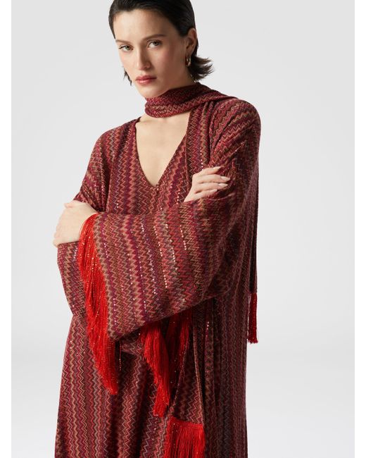 Missoni Red Zigzag Kaftan With Sequins And V-Neck And Removable Scarf With Fringes