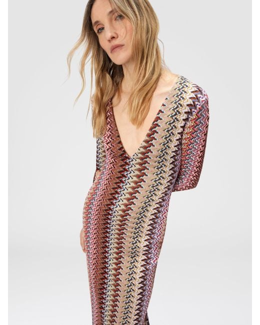 Missoni Pink Long Dress With V-Neck And Zigzag Pattern