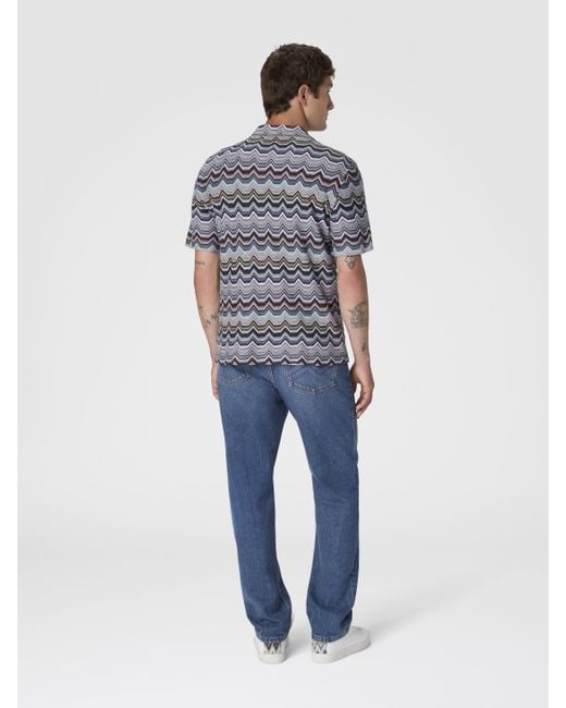 Missoni Blue Bowling Shirt With Geometric Zigzag for men