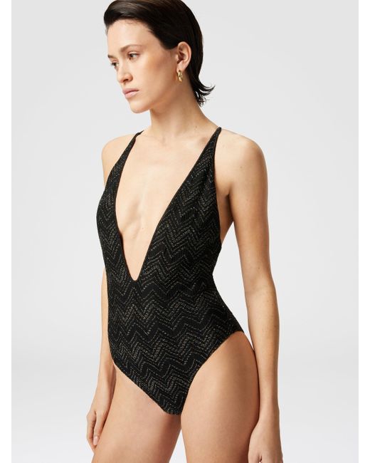 Missoni Black V-Neck Zig Zag Lamé Viscose One-Piece Swimsuit, & Lamé