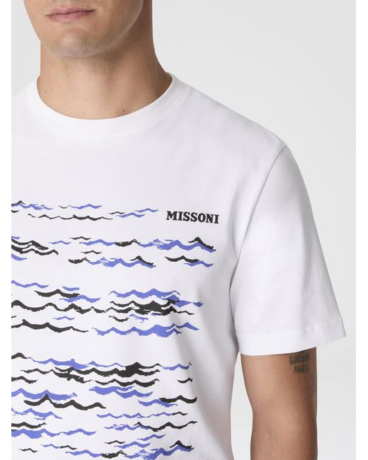 Missoni White Crew-Neck Cotton T-Shirt With Wave Print And Logo for men