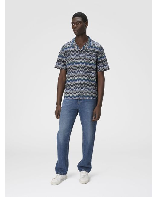 Missoni Blue Bowling Shirt With Geometric Zigzag for men