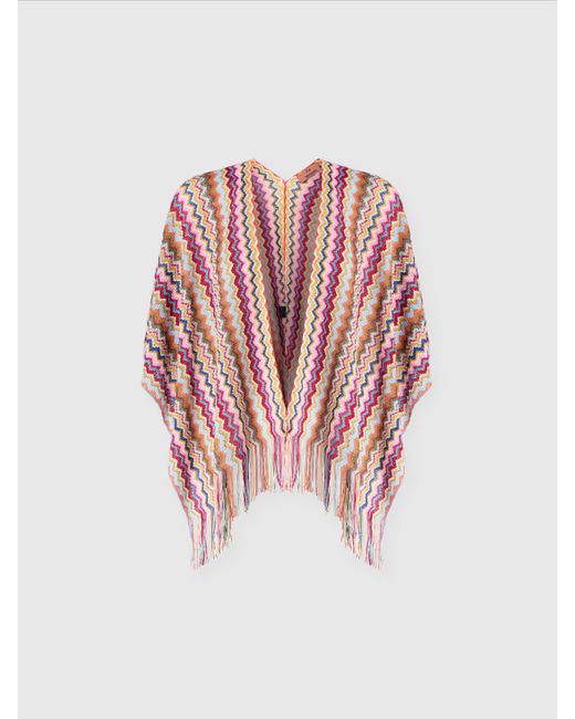 Missoni White Knit Poncho With Chevron Pattern And Fringes