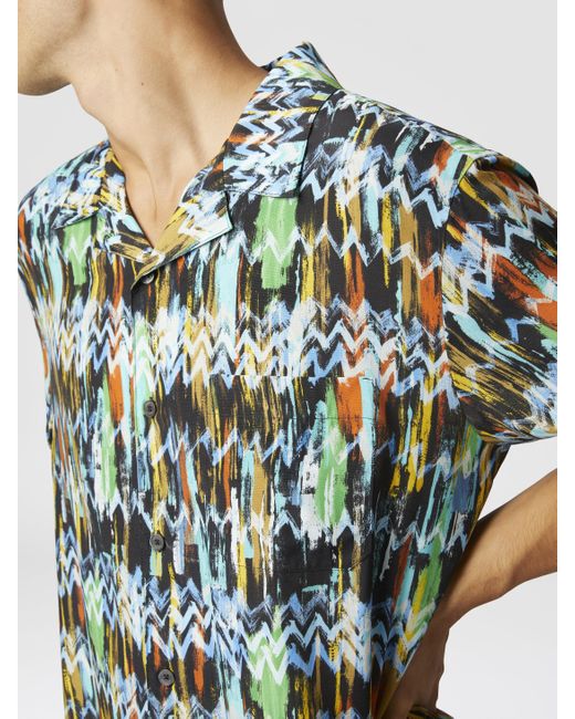 Missoni Blue Viscose Bowling Shirt With Zig Zag Print Brushed Effect for men