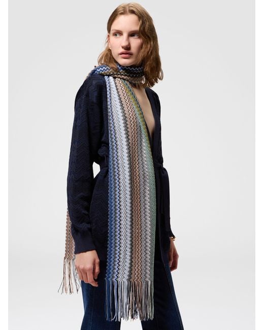 Missoni Blue Zig Zag Wool-Blend Scarf With Fringes