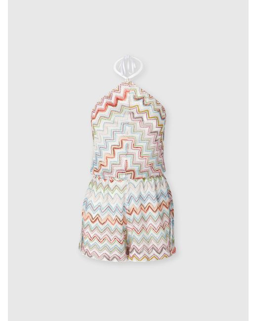 Missoni White Short Jumpsuit With 3D Zig Zag Lamé And Halter Neckline