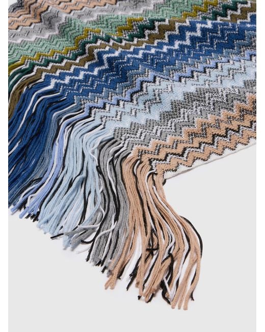 Missoni Blue Zig Zag Wool-Blend Scarf With Fringes