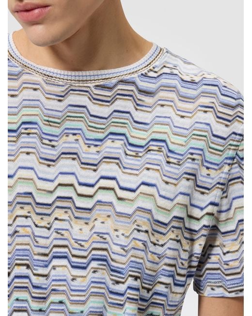 Missoni Blue Crew-Neck Cotton T-Shirt With Raschel Knit And Greek Motif for men