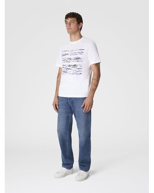 Missoni White Crew-Neck Cotton T-Shirt With Wave Print And Logo for men
