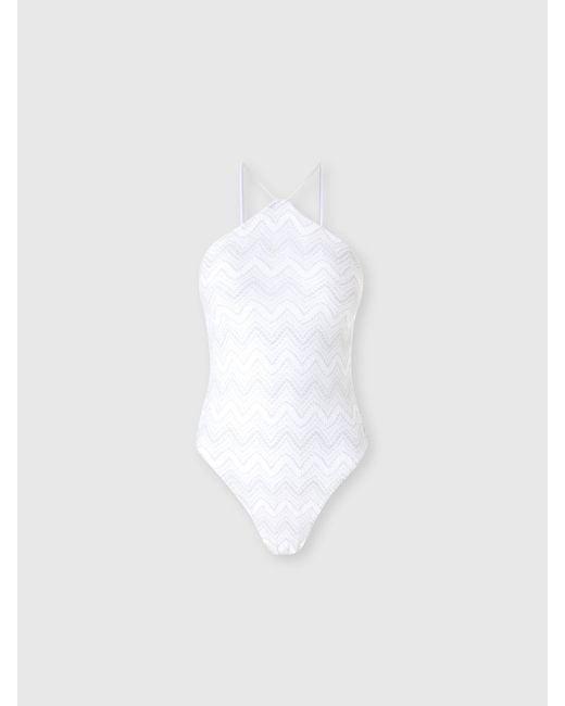 Missoni White Zig Zag Lamé Viscose One-Piece Swimsuit With Halter Neck