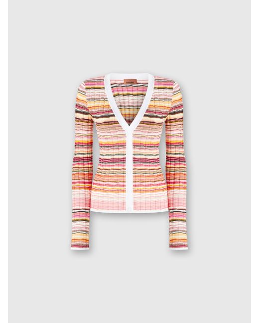 Cardigan Côtelé En Coton Et Viscose Rayé Avec Finitions Contrastées, Femme, Taille Missoni en coloris White