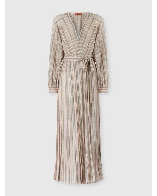 Missoni Natural Long Ribbed Cardigan With Belt And Sequins