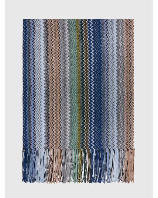 Missoni Blue Zig Zag Wool-Blend Scarf With Fringes
