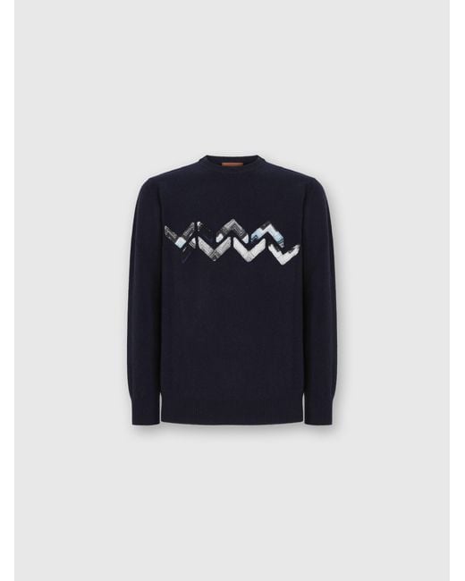 Missoni Blue Crew Neck Sweater With Zigzag Detail for men