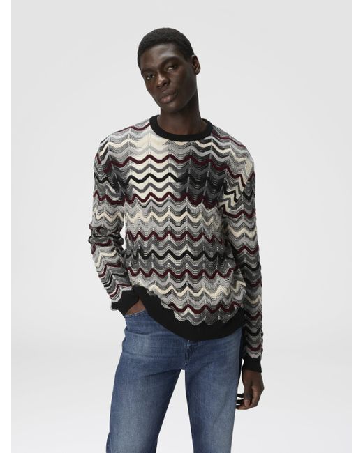Maglia Girocollo Con Motivo Zig Zag Geometrico, Uomo, Grigio & Rosso, Taglia di Missoni in Black da Uomo