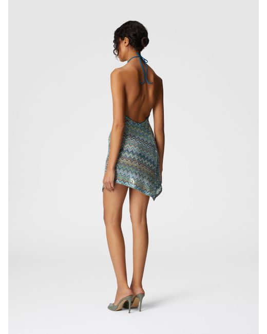 Robe Courte Asymétrique Couvrante En Viscose Lamé Zigzag À Sequins, Femme, Taille Missoni en coloris Blue