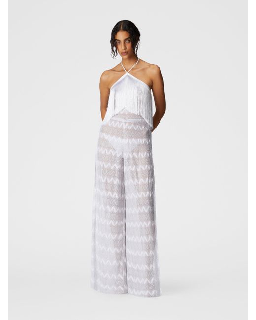Missoni White Zig Zag Lamé Viscose Jumpsuit With Fringes