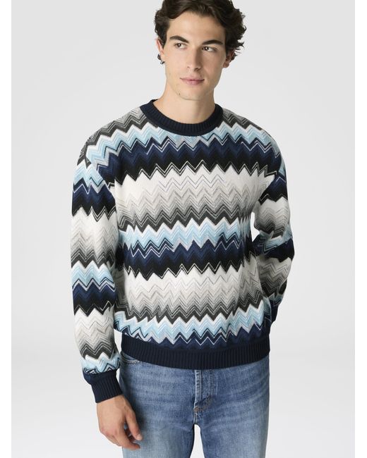 Missoni Blue Crew Neck Sweater With Flame Zigzag Pattern for men