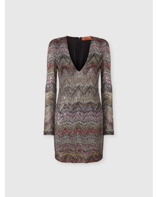 Missoni Gray Mini Dress With V-Neck And Zigzag Pattern