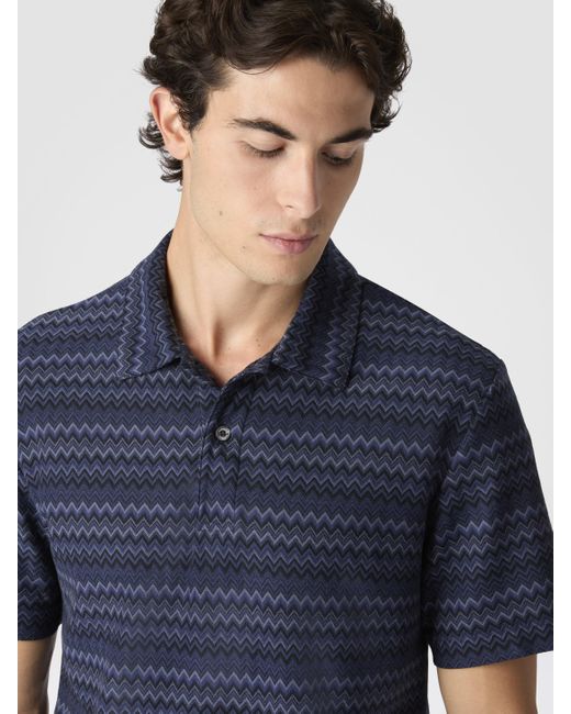Missoni Blue Short Sleeve Cotton Polo With Zigzag Pattern for men