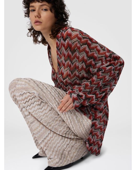 Blusa Oversize Con Collo Alla Coreana E Scollo A V, Donna, Nero & Rosso, Taglia di Missoni in Multicolor