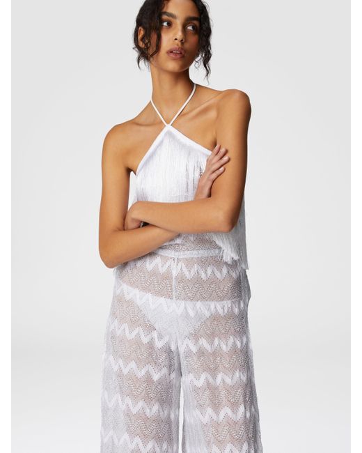 Missoni White Zig Zag Lamé Viscose Jumpsuit With Fringes