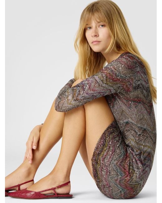 Missoni Gray Mini Dress With V-Neck And Zigzag Pattern