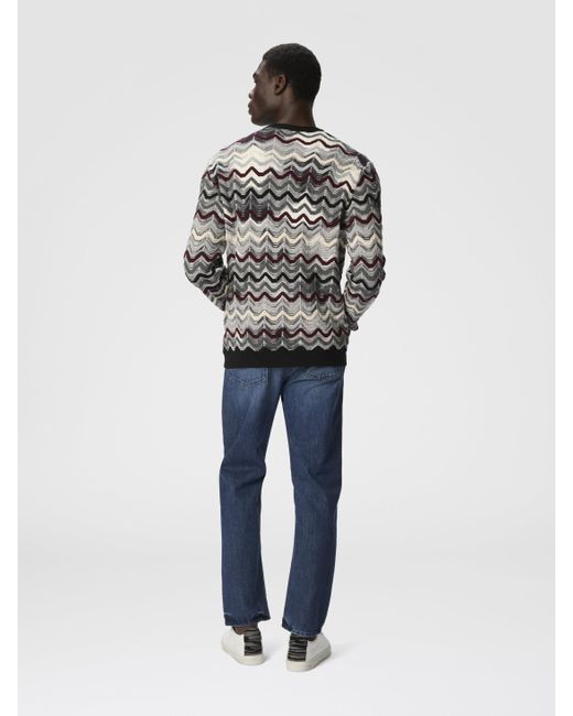 Maglia Girocollo Con Motivo Zig Zag Geometrico, Uomo, Grigio & Rosso, Taglia di Missoni in Black da Uomo