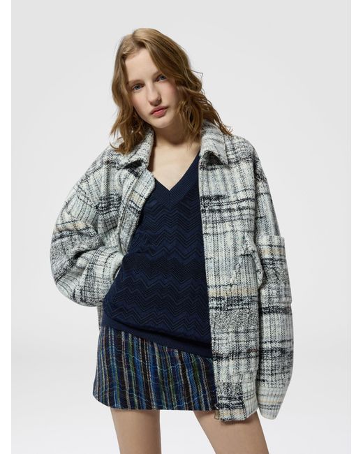 Missoni Blue Oversized Wool-Blend Check Bomber