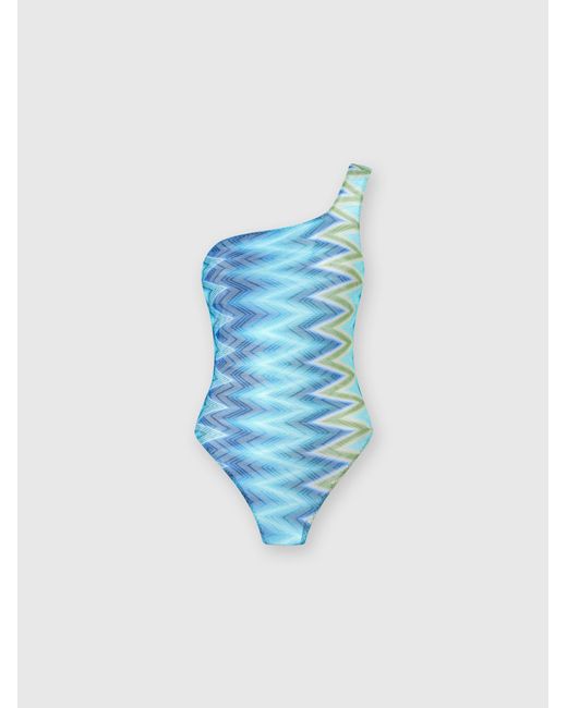 Missoni Blue One-Shoulder Swimsuit With Faded Stripes