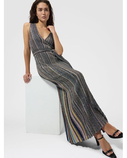 Missoni Gray Long Knit Dress With Sequins And V-Neck