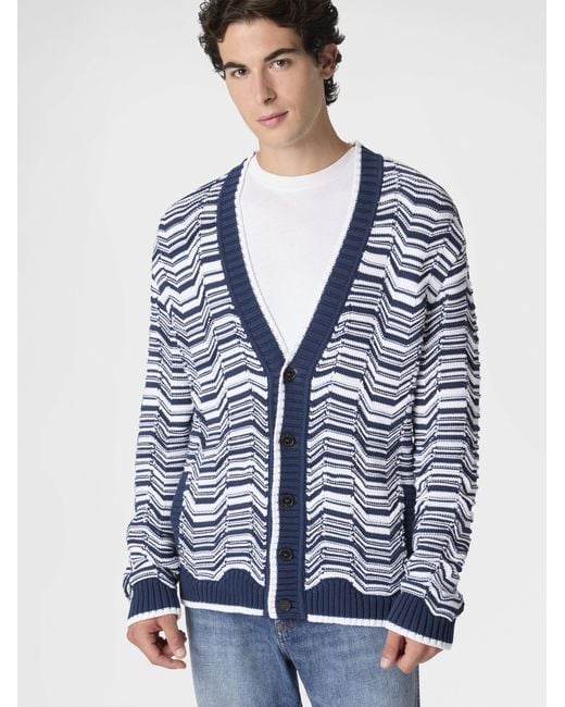 Missoni Blue Cotton-Blend Cardigan With Greek Motif for men