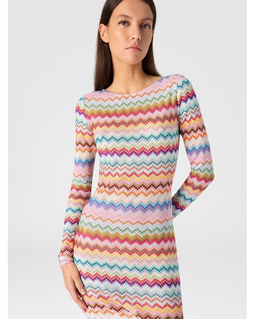 Missoni White Viscose Lamé Mini Dress With Pixelated Zigzag Motif