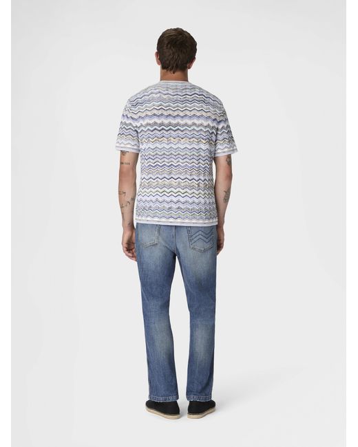 Missoni Blue Five-Pocket Cotton Denim Trousers With Zigzag Embroidery for men