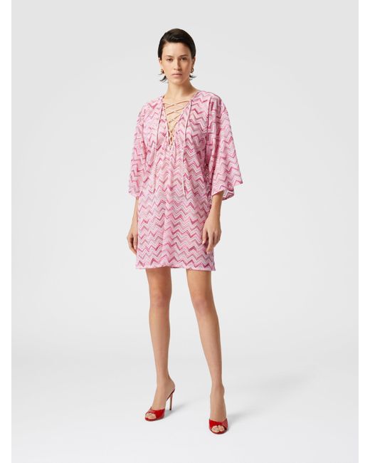 Caftan Court En Tulle De Viscose Mélangée Avec Zigzag Flammé, Femme, Blanc & Rose, Taille Missoni en coloris Pink