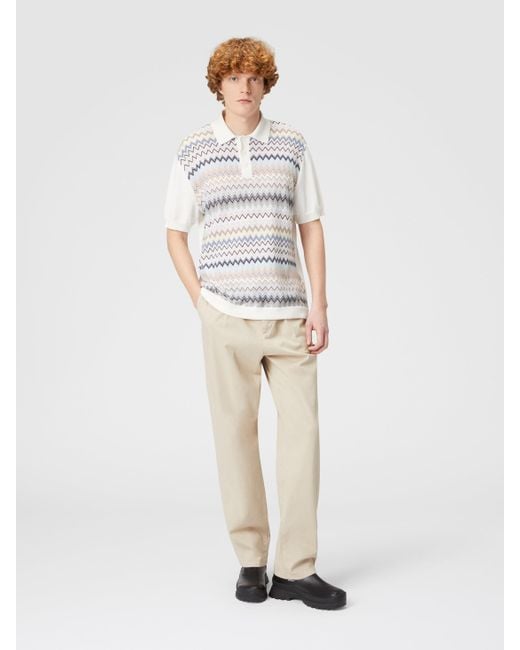 Missoni Zickzack-Poloshirt Aus Baumwollstrick Mit Einfarbigen Einsätzen, Herren, Weiß & Mehrfarbig, Größe in White für Herren