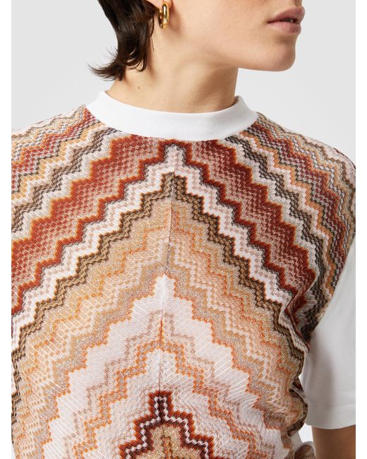 Missoni White Crewneck T-Shirt With Lamé Zig Zag Knit Insert