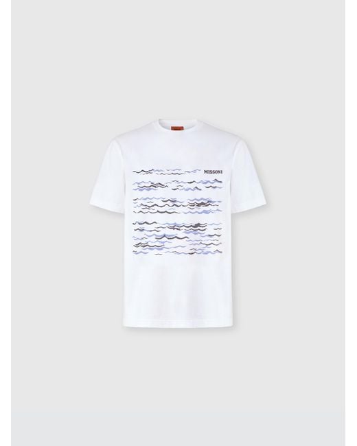 Missoni White Crew-Neck Cotton T-Shirt With Wave Print And Logo for men