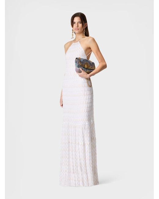 Missoni White Long Dress With Lace Motif And Open Back
