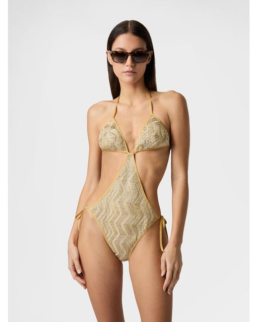 Missoni White Zigzag Mesh Trikini With Sequins