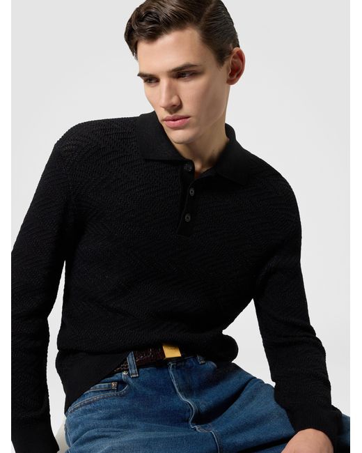 Missoni Black Long-Sleeve Cotton And Wool Chevron Polo Shirt for men