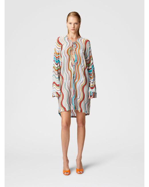 Missoni White Long-Sleeved Cover-Up Kaftan With Lamé Wave Motif