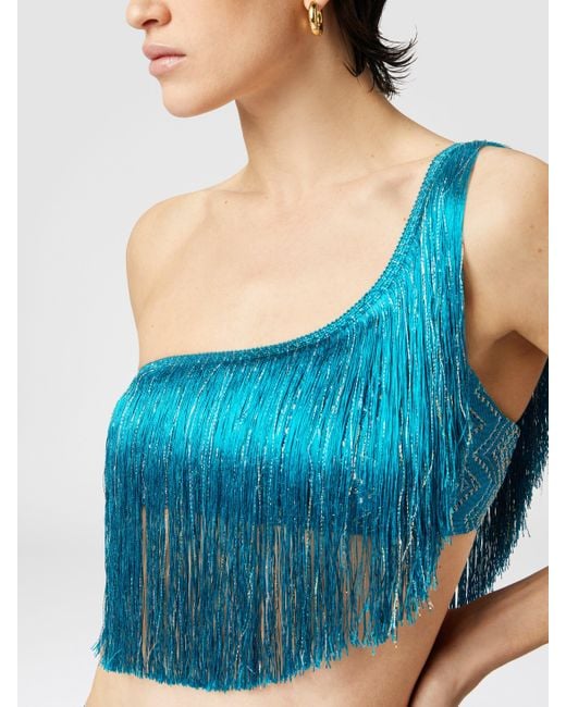 Missoni Blue One-Shoulder Zigzag Lamé Viscose Bikini With Fringes