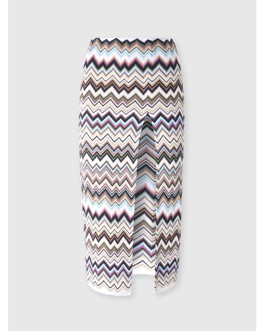 Missoni White Zig Zag Viscose And Wool Midi Skirt With Slit