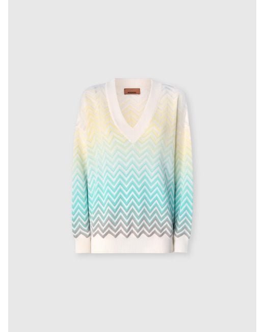 Missoni Blue Chevron Dégradé Cotton And Viscose V-Neck Sweater